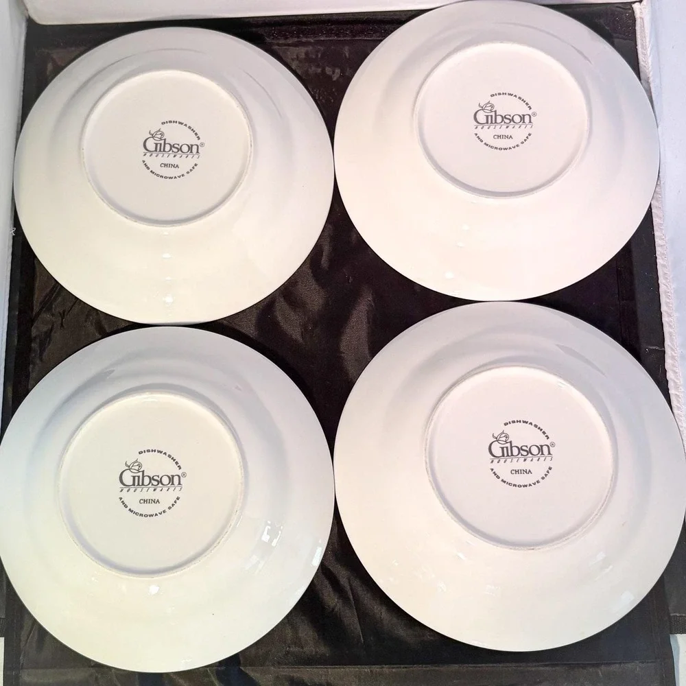 Gibson China Rose Floral Soup Bowls 4 & Dessert Plates 3 Black White Striped